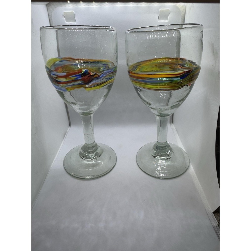 VTG Handblown Mexican Recycled Glass Wine Goblets Set of 2 – Confetti Band
